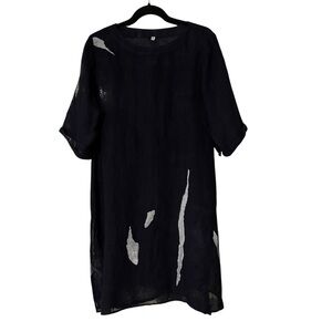 Navy Blue and White Sheer Linen Dress Women’s S